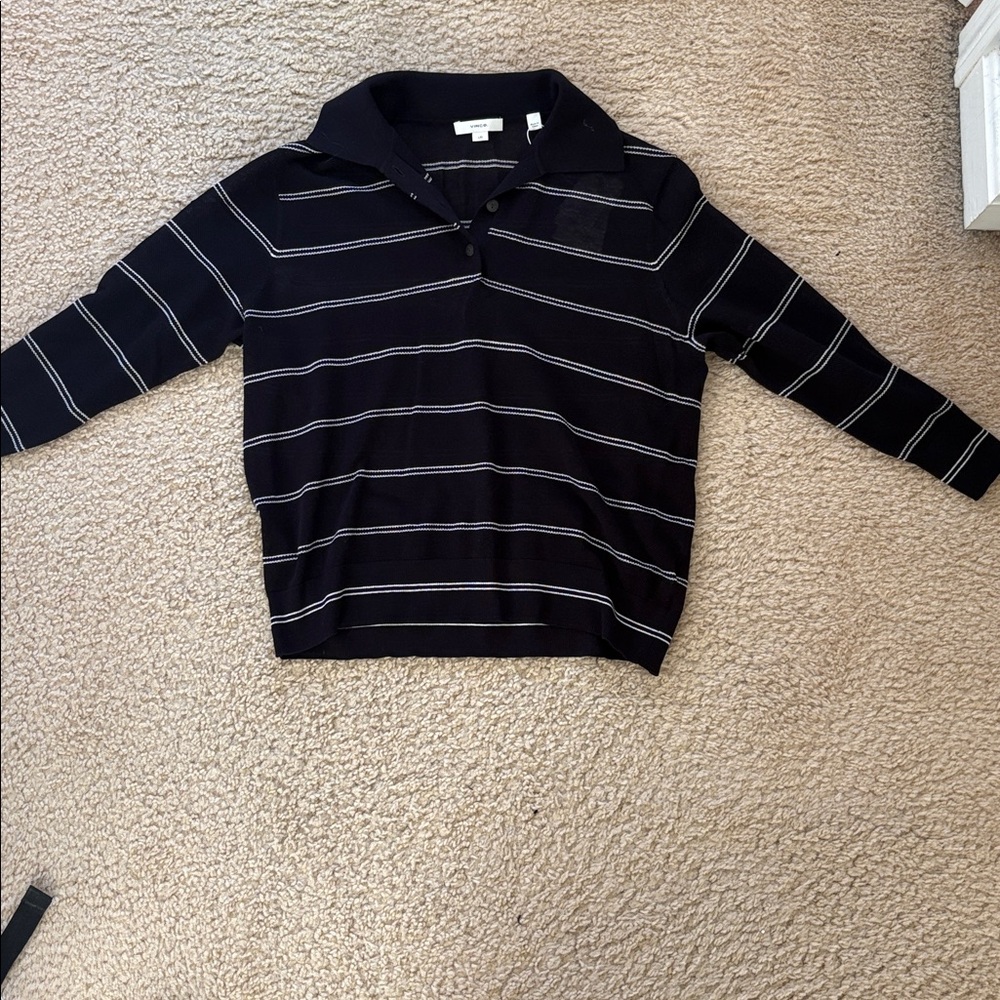 Vince Navy and White Striped Polo Shirt